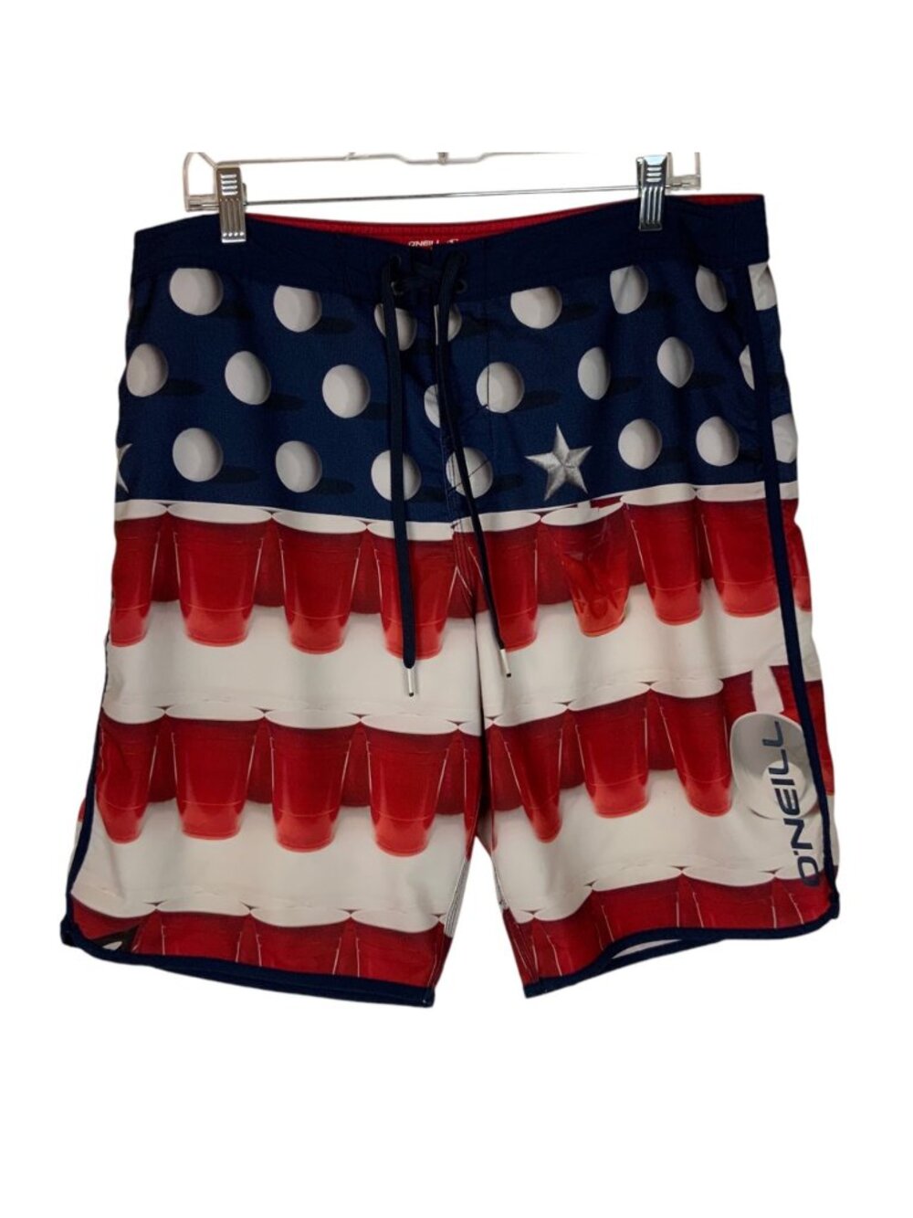 ONeill Mens Hyperfreak Boardshorts Size 36 Red White Blue Beer Pong Cup Design